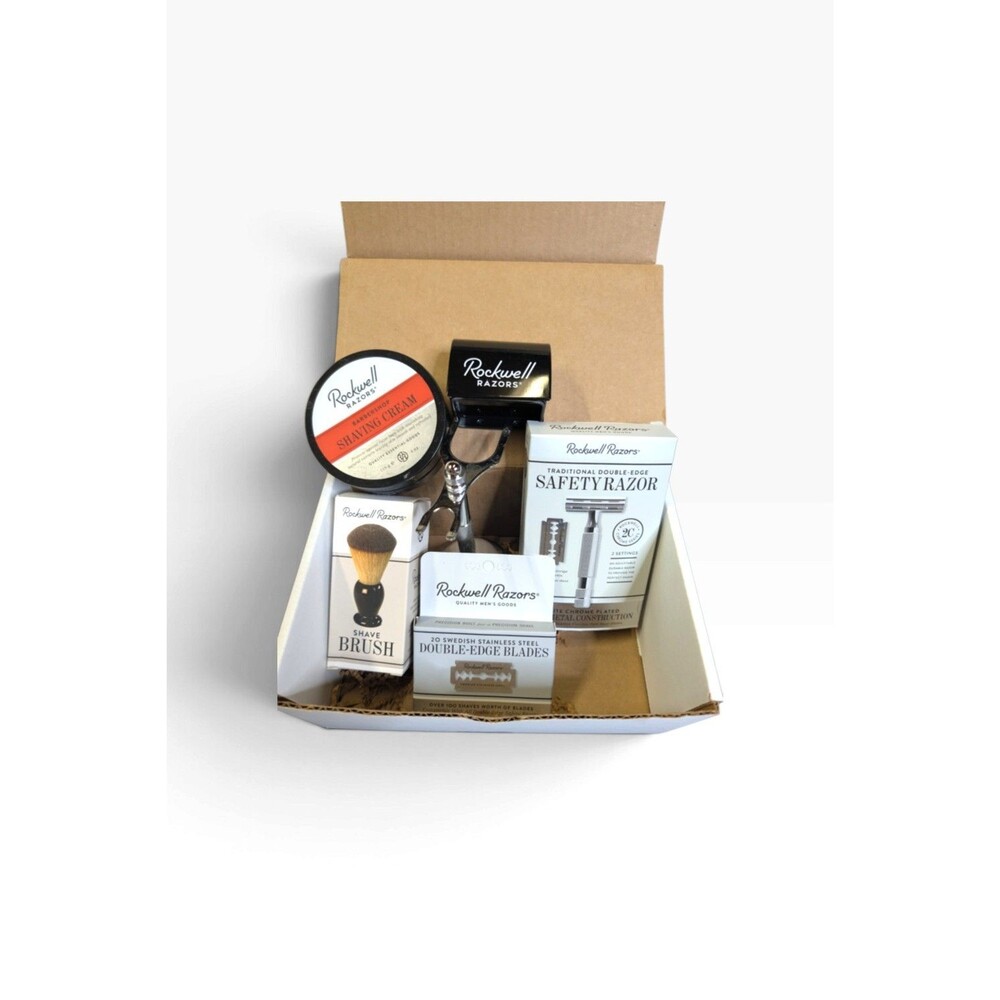 Rockwell Razors 2C Safety Razor Shaving Kit Set White Chrome Stand Brush Blades